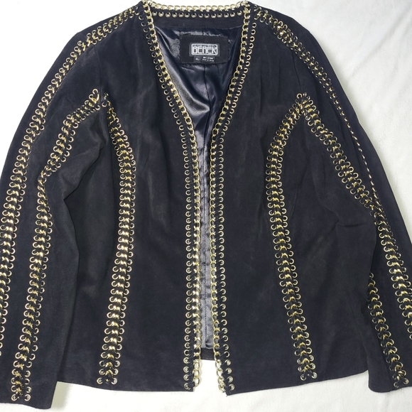 Berek Black Suede Leather Jacket Blazer With Gold Chain Detail Women's Size XL - Picture 2 of 10